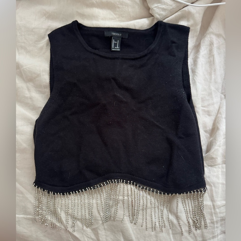 Forever 21 Black Tank Top with Silver Fringe